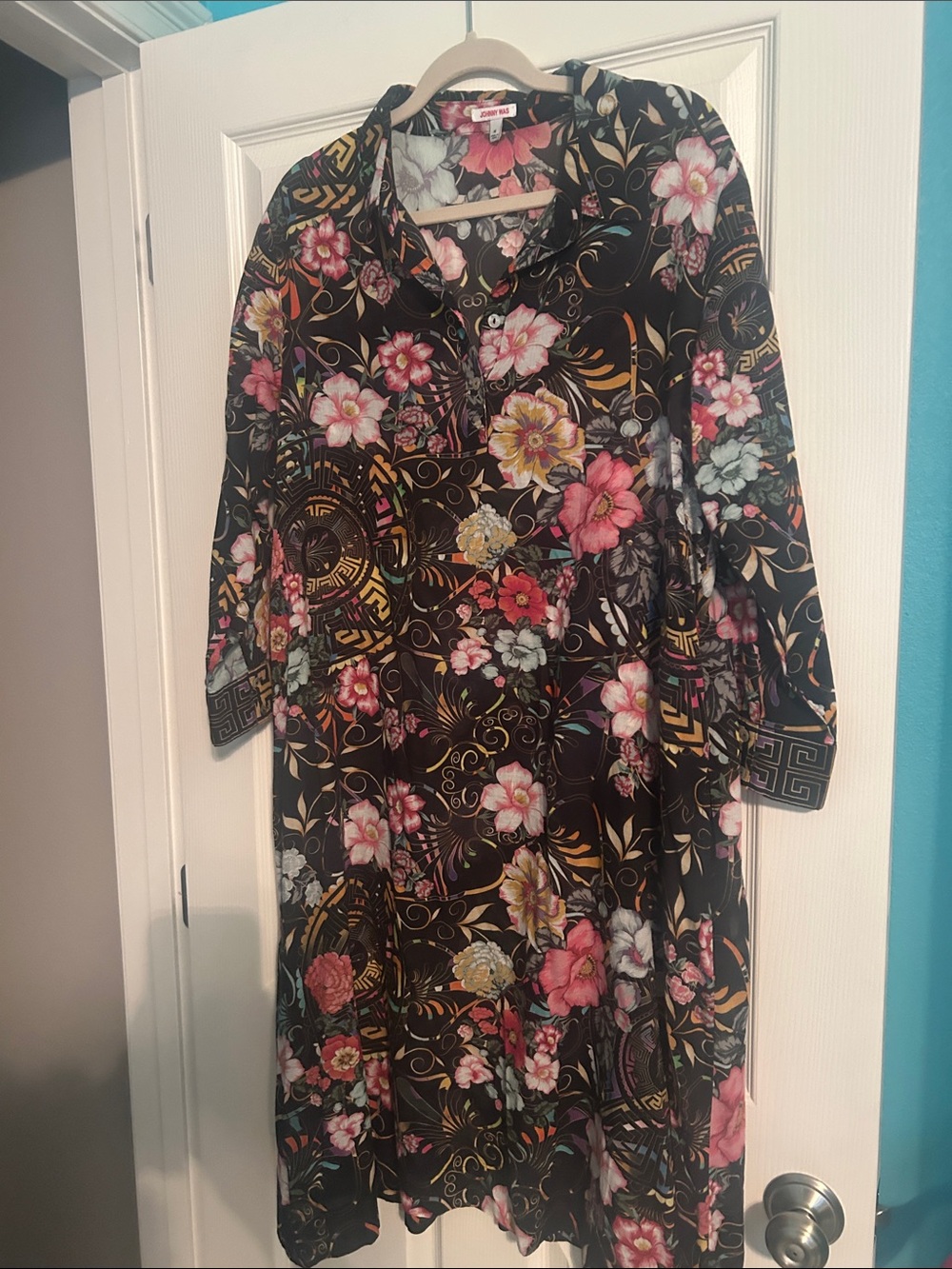 Johnny Was Black Floral Midi Dress with Pink, Yellow & White Blooms